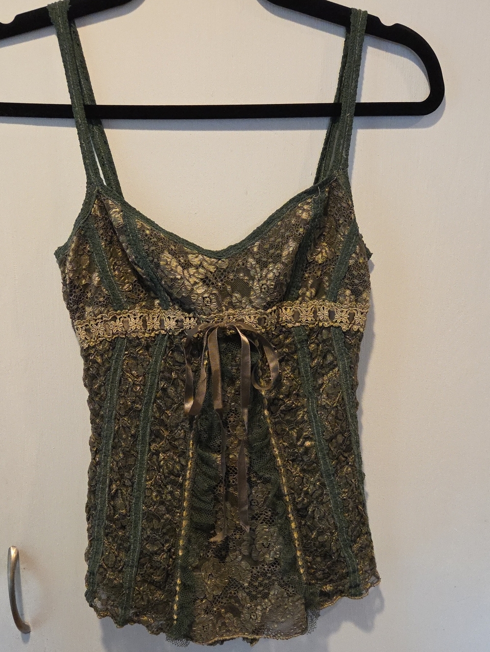 Ann Ferriday Olive Green Lace Ribbon-Detail Cami OS